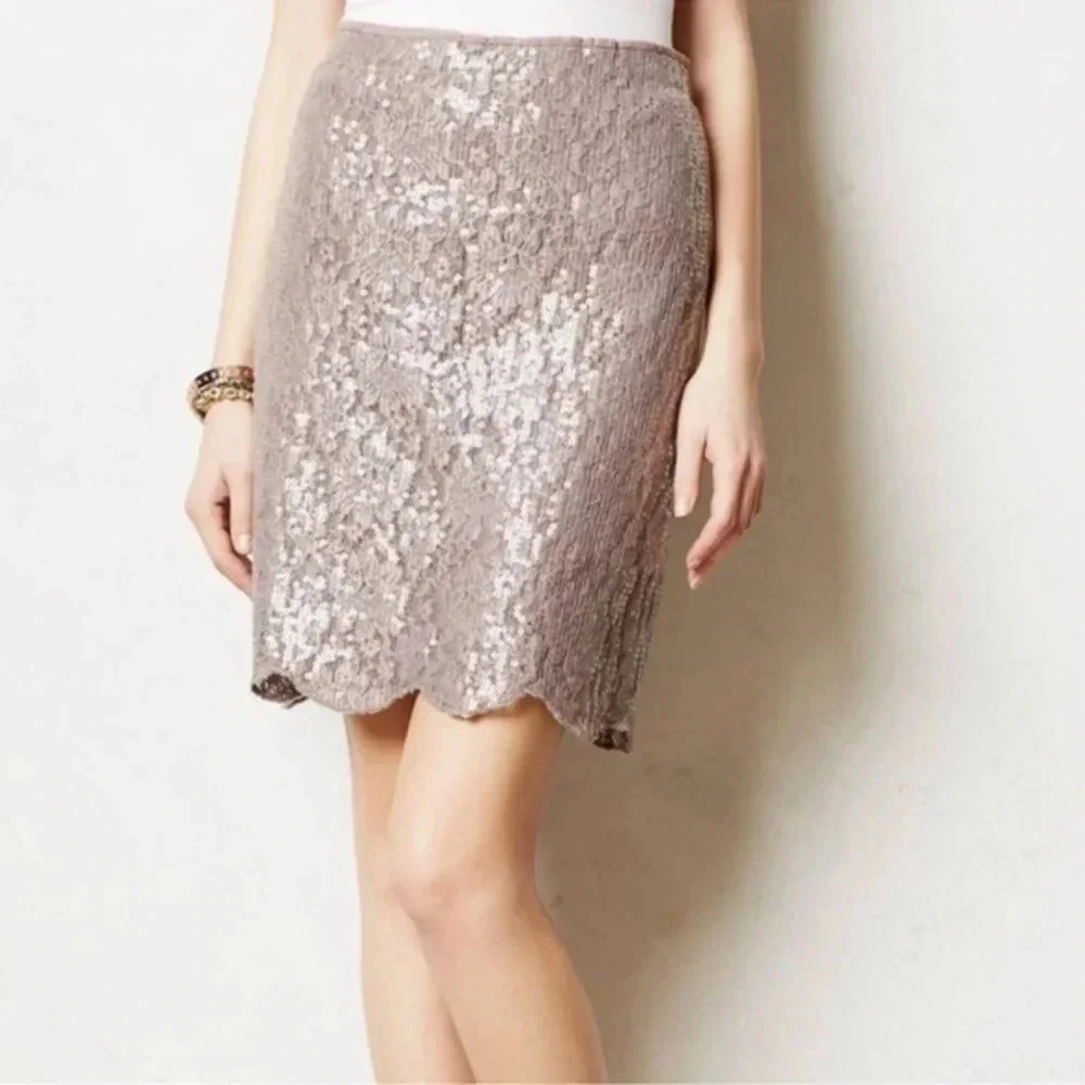 Anthropologie Yoana Baraschi Reveillon Sequin Mauve Pencil Lined Formal Skirt 0